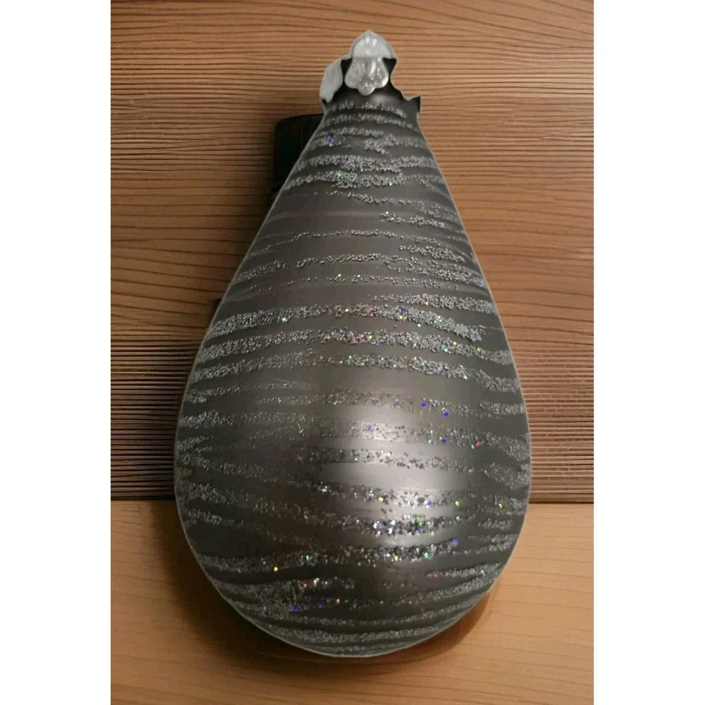 Large Vintage Silver Glitter Teardrop Christmas Ornament Striped Onion Shape